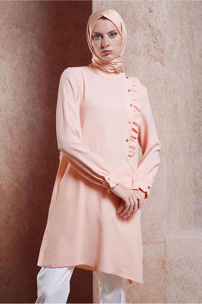 TRENDTESETTÜR Powder Colored Women's Tunic - Ruffle Detail and Buttoned T 42825