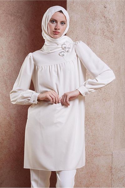 TRENDTESETTÜR Ecru Stone Detailed Women's Tunic - T 42902