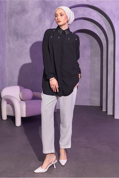 TRENDTESETTÜR Black Bead Embroidered Women's Shirt Tunic - T 3314