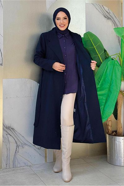 TRENDTESETTÜR Palton de damă cu brâu albastru bleumarin - T 9157