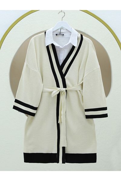 Modamorfo Knitwear Cardigan with Collar and Cuff Stripe - Black