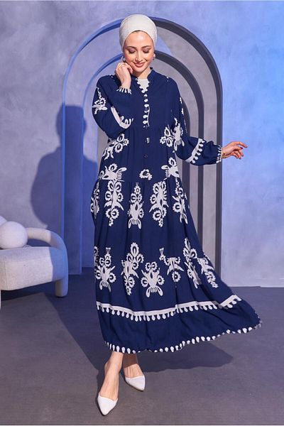 TRENDTESETTÜR Ναυτικό φόρεμα Hijab με σχέδιο - Γυναικείο T 9614