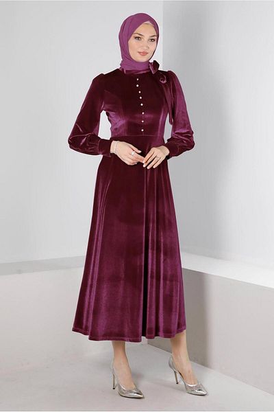 TRENDTESETTÜR Burgundy VelveT Women's Dress - T 43437