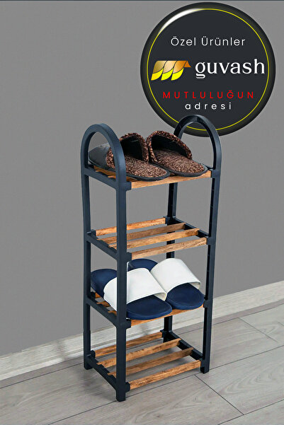 guvash Chawood Mini Ahşap Çubuklu 4 Bölmeli Siyah Ayakkabılık Masif Ahşap Ayakkabılık Raf Ünitesi