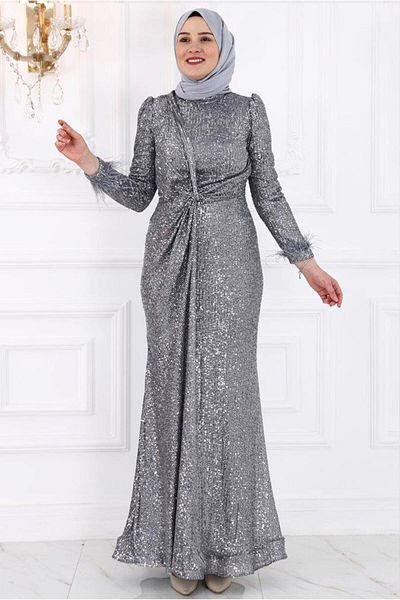 TRENDTESETTÜR Γκρι παγιέτες Hijab βραδινό φόρεμα - T 3953