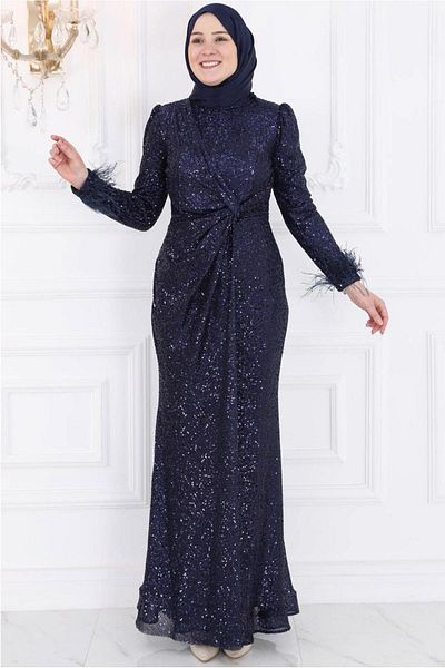 TRENDTESETTÜR Rochie de seară hijab cu paiete albastru bleumarin - T 3953