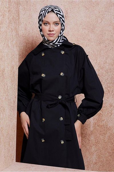 TRENDTESETTÜR Γυναικεία καμπαρντίνα μαύρης ζώνης βαμβακερή - T 6201