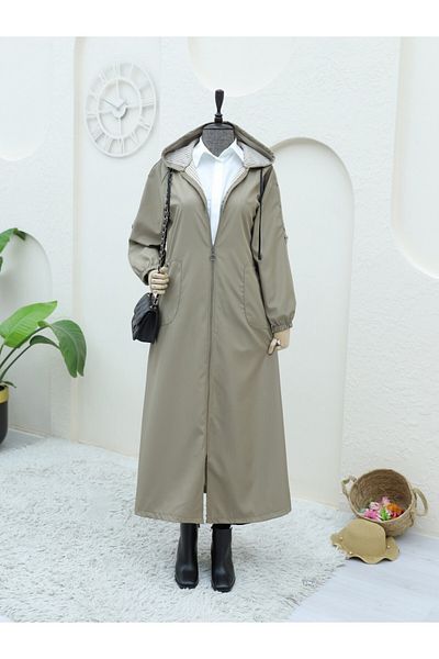 Modamorfo Detaillierter Trenchcoat mit Reißverschluss und Kapuze aus Metall – Nerz