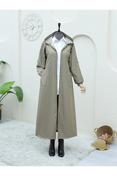 Modamorfo Metal Detaylı Fermuarlı Kapşonlu Trenckot -vizon