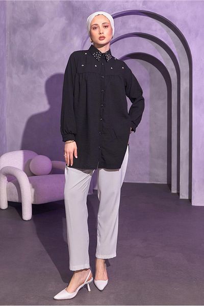 TRENDTESETTÜR Black Bead Embroidered Women's Shirt Tunic - T 3314