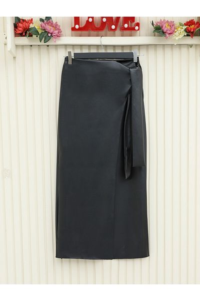 Modamorfo Side Tie Front Double Layer Leather Skirt -Black