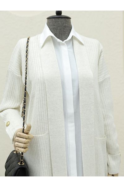 Modamorfo Double Pocket Sleeve Folded Knitwear Cardigan -Cream