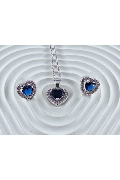 REBORN DESIGN 316L Steel Chain Silver Color Zircon Stone Blue Heart Model Necklace Set