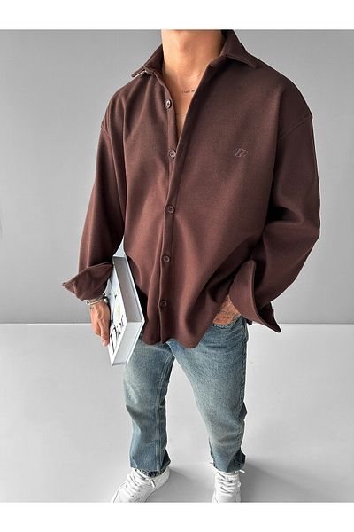 ablukaonline Ανδρικό πουκάμισο Oversize Basic μακρυμάνικο καφέ