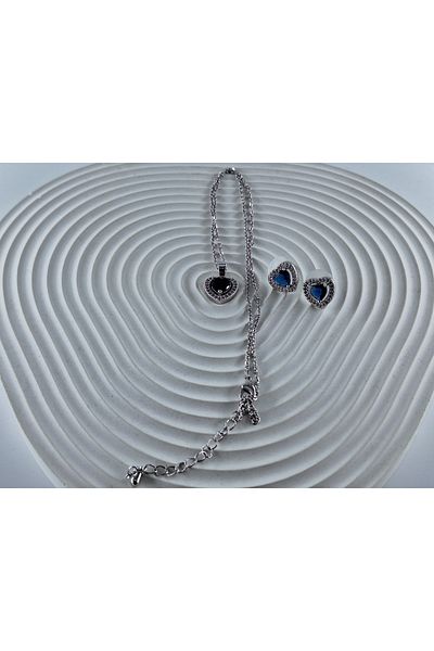 REBORN DESIGN 316L Steel Chain Silver Color Zircon Stone Blue Heart Model Necklace Set
