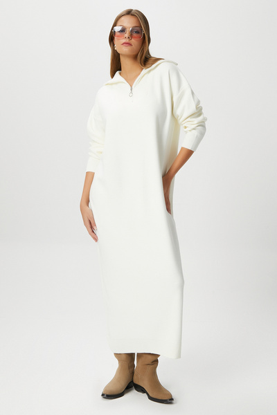 Ritnice Γυναικείο φόρεμα Magie Polo με φερμουάρ Κρεμ μακρύ πλεκτό