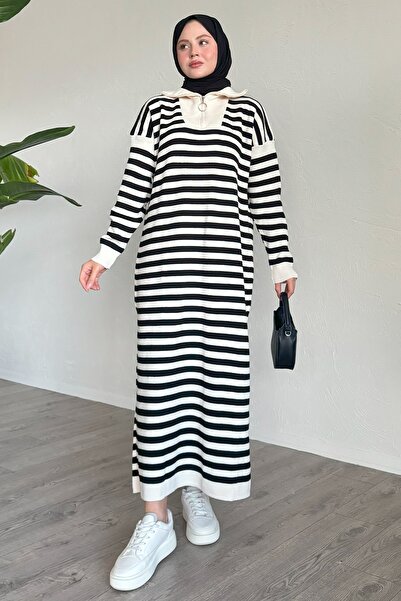 InStyle Sukienka z dzianiny w paski zapinana na suwak - kremowa