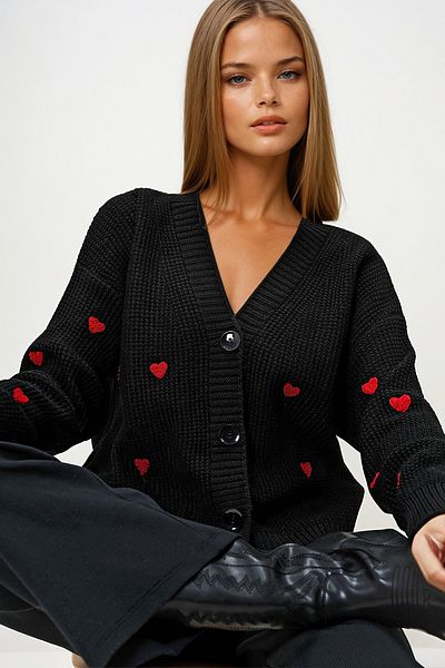 VAGGON Women's Black V-Neck Heart Embroidered Knitwear Cardigan Prm1304