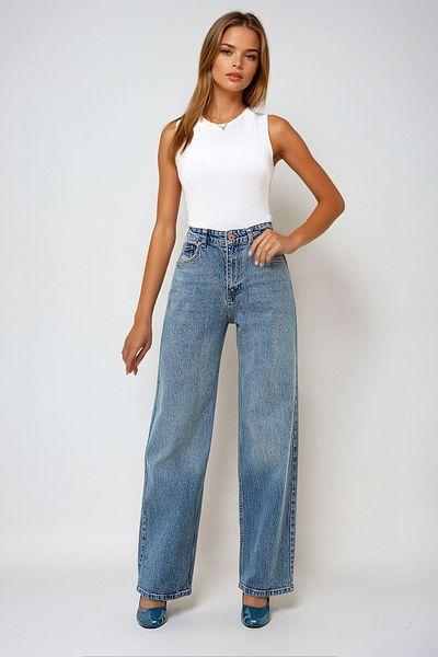 VAGGON Pantaloni de damă, albaștri, cu talie înaltă, cu tăietură Palazzo, Prm1320