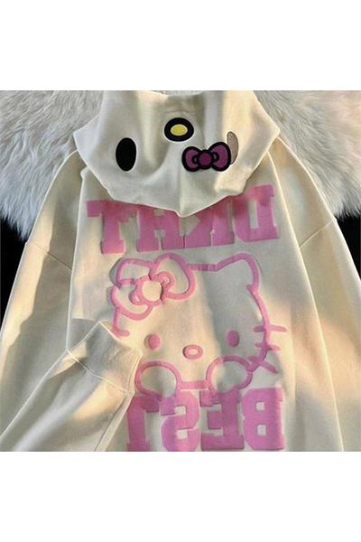 Köstebek Φούτερ Ecru Hello Kitty Dkht με το καλύτερο φερμουάρ (UNİSEX) με κουκούλα