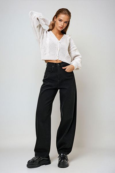 VAGGON Pantaloni negri cu talie înaltă de damă, cu croiala buggy, Prm1319