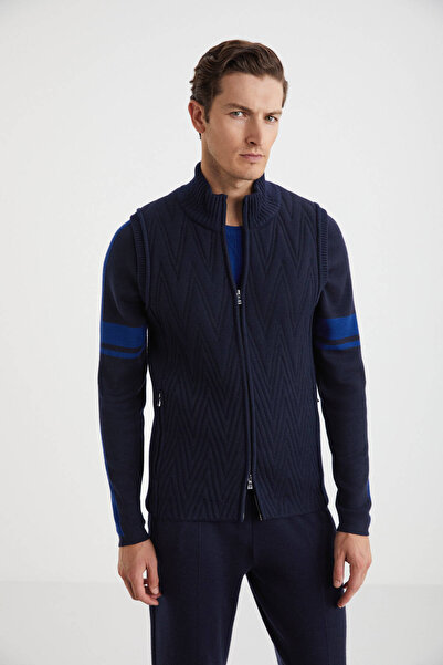 Hemington Çizgi Desenli Merino Yün Lacivert Yelek