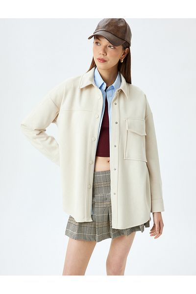 Koton Suede Look Classic Collar Pocket Detailed Buttoned Oversize Shirt