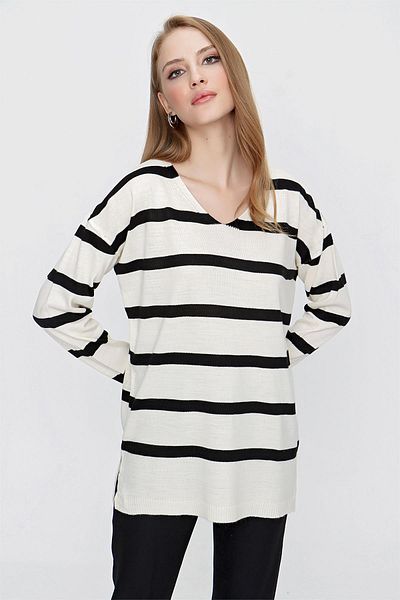 TENA Women's Ecru-black V-neck Striped Knitwear Sweater