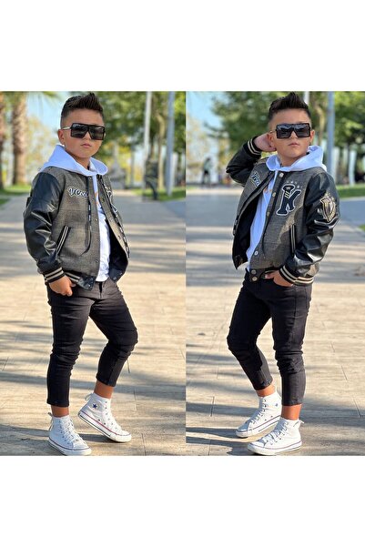Uğurböceği çocuk Kolları Deri Detay Kolej Ceket Sweat 3'lü Erkek Çocuk Takım