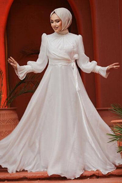 Neva Style Λευκό Μουσουλμανικό Βραδινό Φόρεμα με Λεπτομέρεια Δεσίματος 48051B