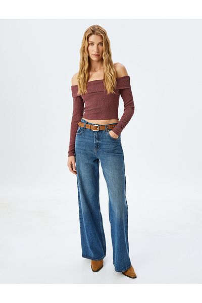 Koton Tricou cu mânecă lungă, cu guler Madonna, fără umeri