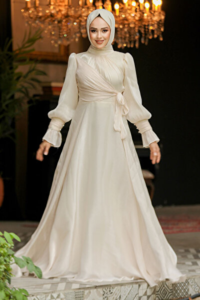 Neva Style Детайлна кремава скромна вечерна рокля 48051kr