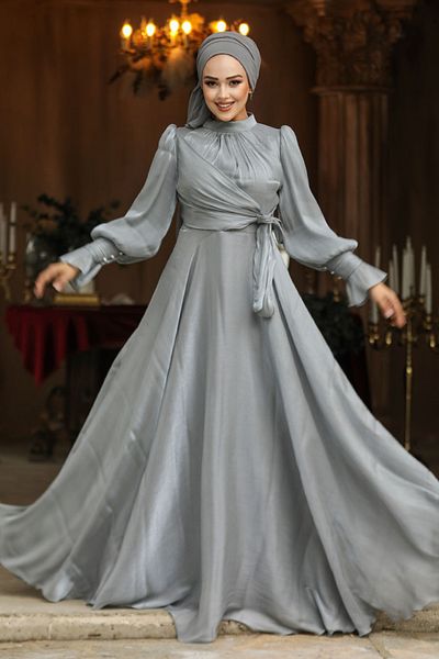 Neva Style Grey Hijab Evening Dress with Lacing Detail 48051Gr