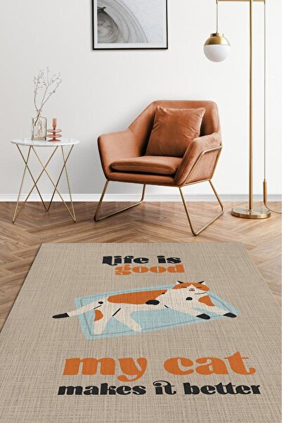 Homshtag Hayat Kedimle Güzel Bej Turuncu Halı Kedi Figürlü Salon Halısı Moder...