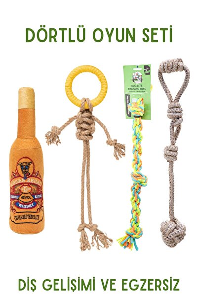 Proud Wave Köpek Oyuncağı Dörtlü Toplu Çekiştirmeli Halat - Diş Ipi - Pamuk Ipliği Stres Oyuncağı - Dörtlü Set