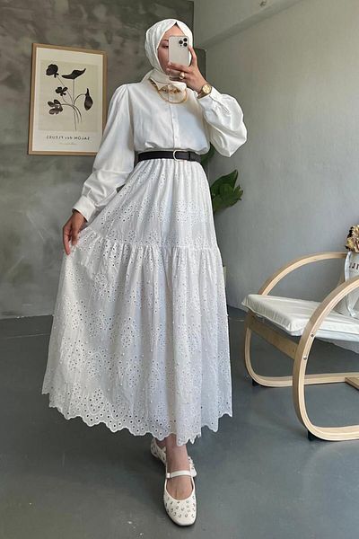 Neva Style تنورة حجاب بيضاء من الدانتيل 13951B