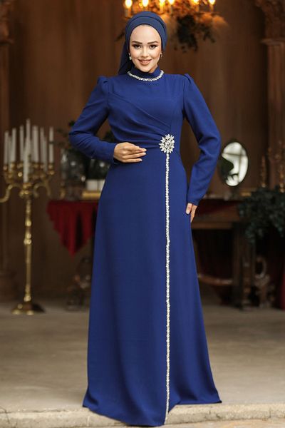 Neva Style Beaded Dark Indigo Blue Hijab Evening Dress 46021ım