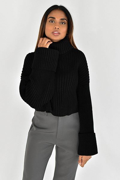 TENA Pulover de damă cu mânecă neagră pliat complet Fisherman Crop tricot