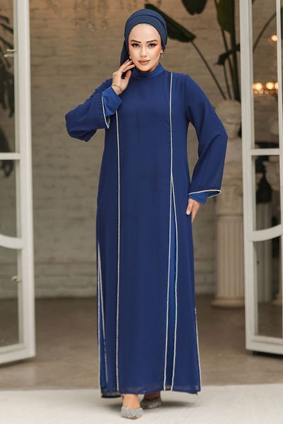 Neva Style Beaded Dark Indigo Blue Hijab Evening Dress 4737Kım