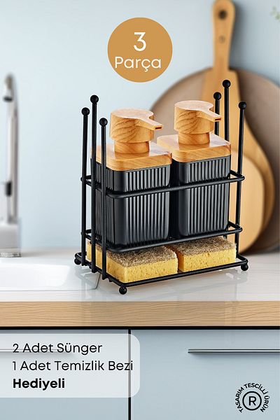 GRİMOR Life Wooden Detailed Dishwashing Detergent and Liquid Soap Dispenser Kitchen Set with Metal Stand - Sponge and Cloth Gift