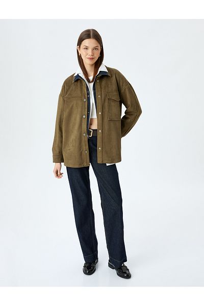 Koton Suede Look Classic Collar Pocket Detailed Buttoned Oversize Shirt