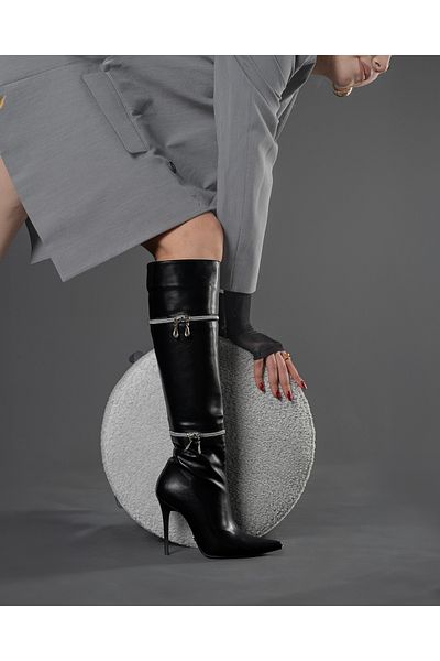 AYAKKABI PRENSİ Shea Zipper Λεπτομερείς Μαύρες Μαύρες Μαύρες Γυναικείες Μπότες 10 εκ., Μπότες με τακούνι
