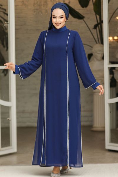 Neva Style Βραδινό φόρεμα Hijab με χάντρες Σκούρο Μπλε Ινδικό 4737kım