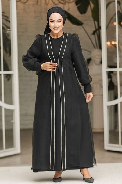 Neva Style Σετ Μαύρο Hijab Abaya με Χάντρες 4626S