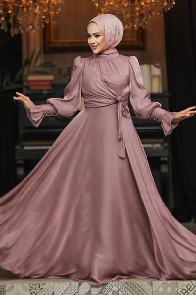 Neva Style Βραδινό φόρεμα Dusty Rose Hijab με λεπτομέρεια δεμένης 48051gk
