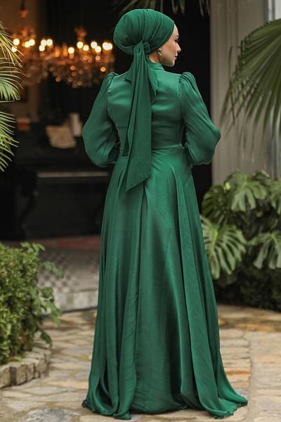 Neva Style Green Hijab Evening Dress with Tie Detail 48051Y