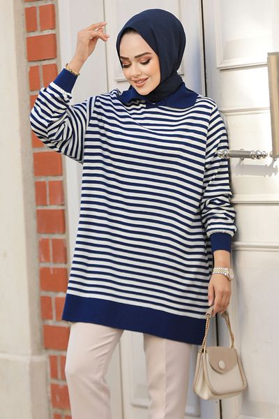 Neva Style Ριγέ Navy Blue Hijab Πλεκτό Πουλόβερ 65904l