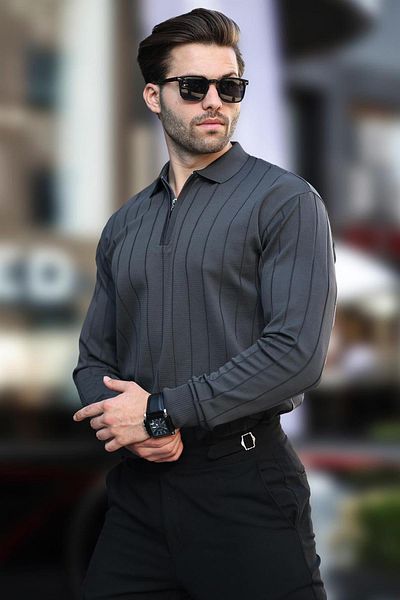 Madmext Polo Collar Zippered Anthracite Knitted Sweater - 7242