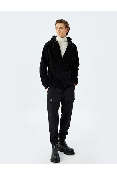 Koton Basic Pocket Hooded Fleece Cardigan με λεπτομέρεια ραφής με φερμουάρ