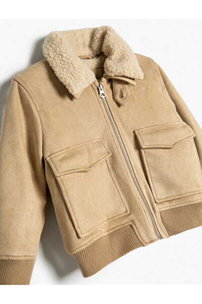 Koton Biker Jacket with Plush Collar Detail and Zipper